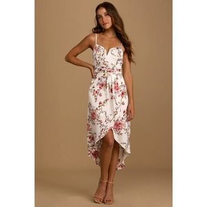 Lulus My Favorite Day Ivory Floral Print Tulip Skirt Midi Dress Size Medium